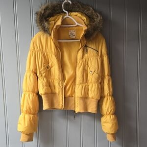 Yellow Hooded Puffer Jacket with Faux Fur Trim